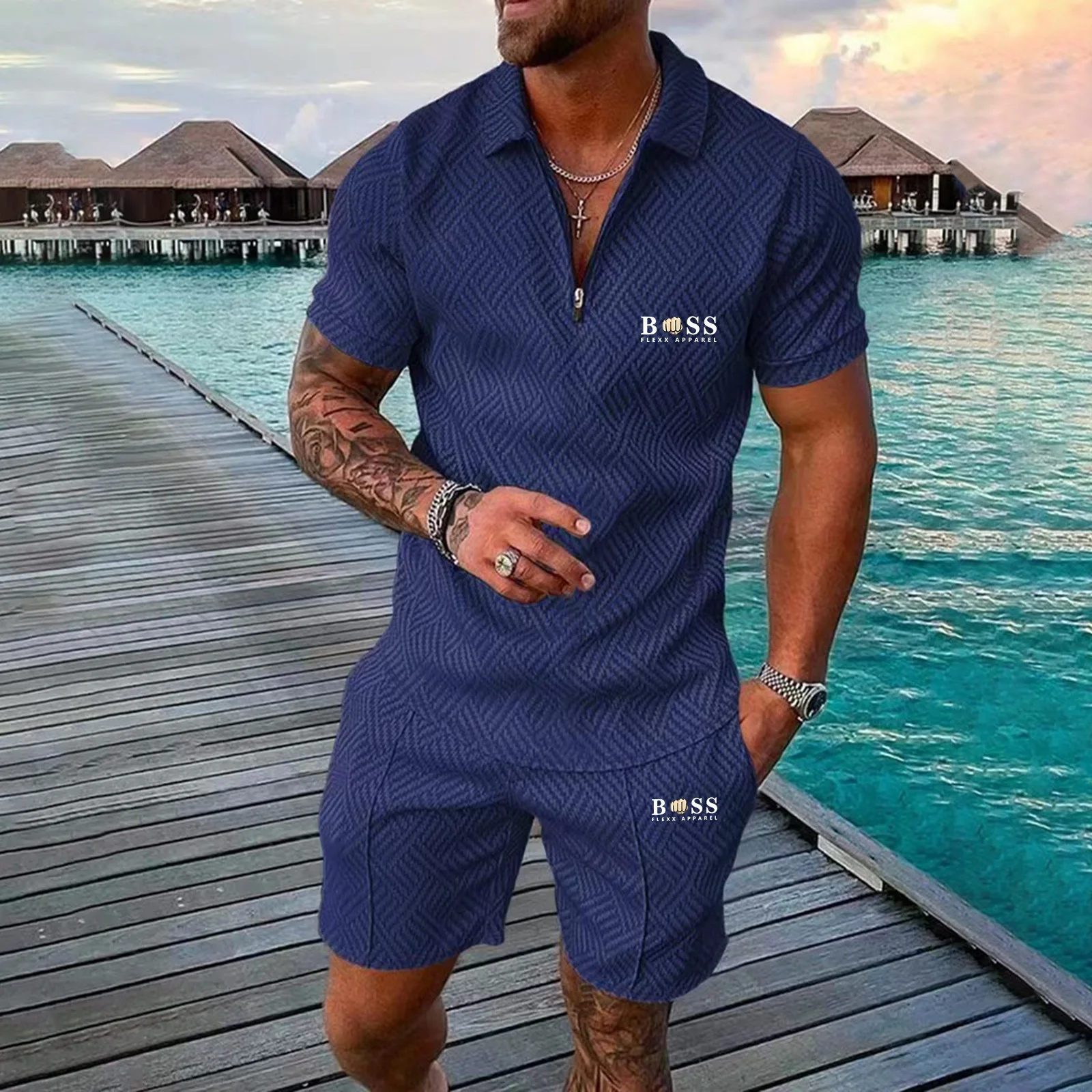 2023 Men Summer Brand Tracksuit Fashion Turn Down Collar Zipper Polo Shirt+Shorts Sports Jogging Suit Casual Stylish Sweatersuit