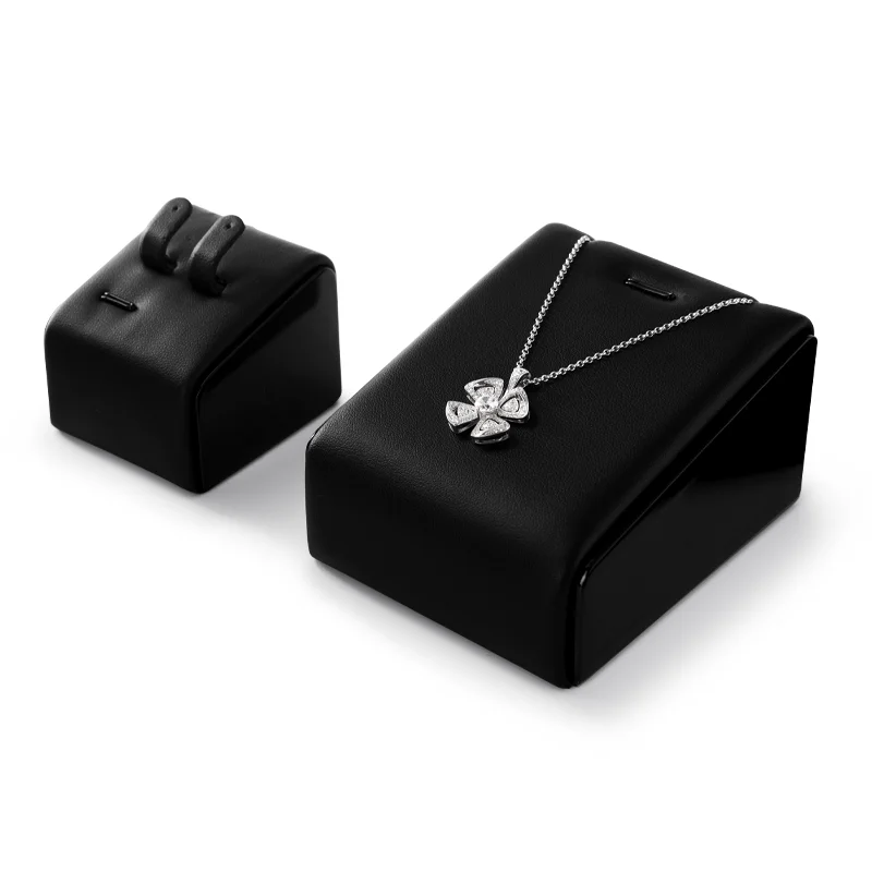 Oirlv Wooden Jewelry Rack Wooden Black PU Leather Jewelry Display Stand For Ring Stud Earring Holder Black Jewelry Display Rack