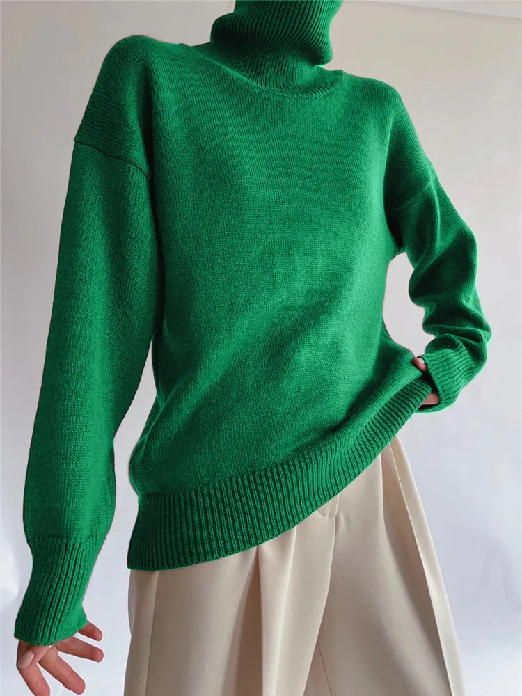 

Women's Turtleneck Sweater Autumn Winter Green Long Sleeve Knitted Pullovers 2022 Casual Solid Loose Sweaters Female Knitwear