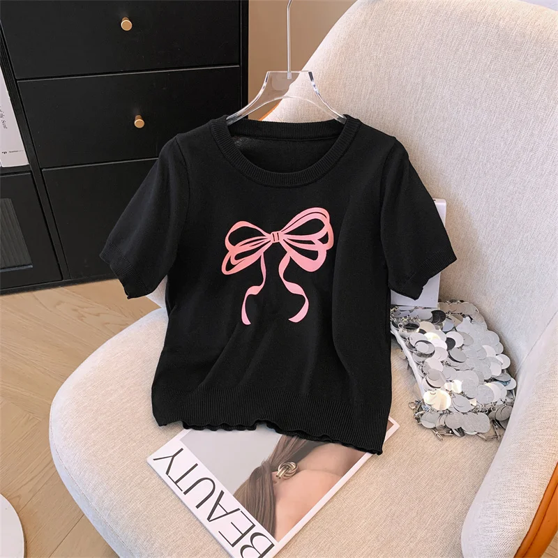 Женская тонкая футболка с коротким рукавом розовый вязаный короткий топ из