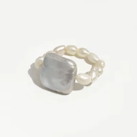 perisbox elegant white square shape freshwater pearl rings elastic wire irregular natural pearls bead rings for girls gift
