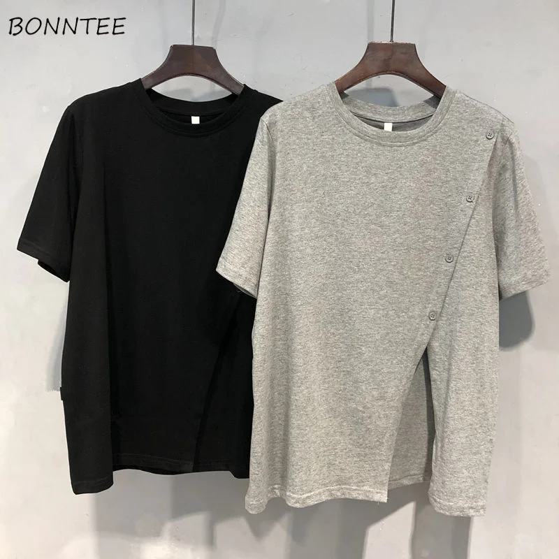 

T-shirts Women Summer Leisure Korean Style Fashion Comfortable Short Sleeve Asymmetrical Baggy Femme Solid Simple All-match New
