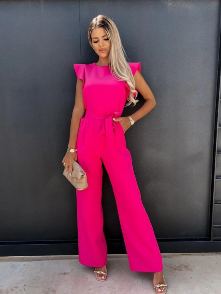 

2022 Summer Fashion New Waist Tie One Piece Loose Wide Leg Pants Office Ladies Clothing High Quality Casual Chic Ladies Clothes