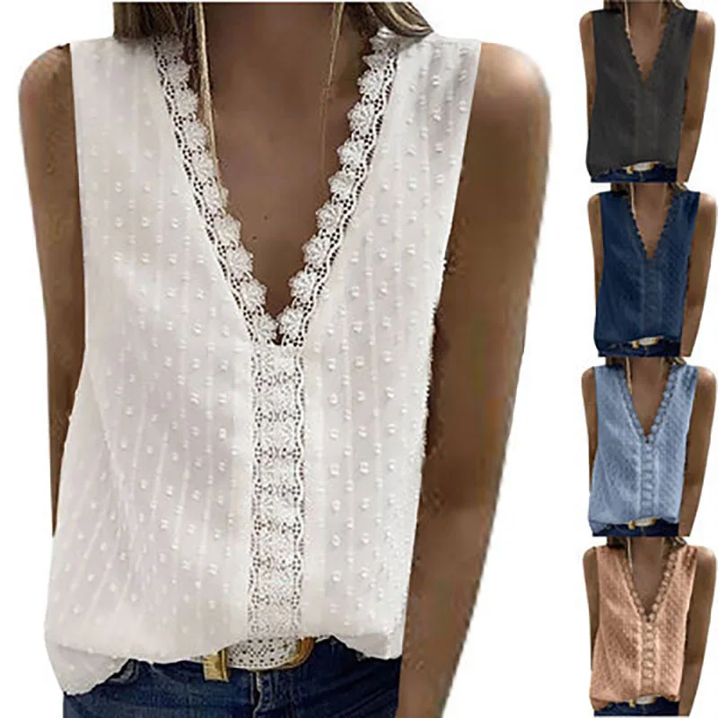 

2022 New V-neck Sleeveless Lace Stitched Chiffon Vest for Women