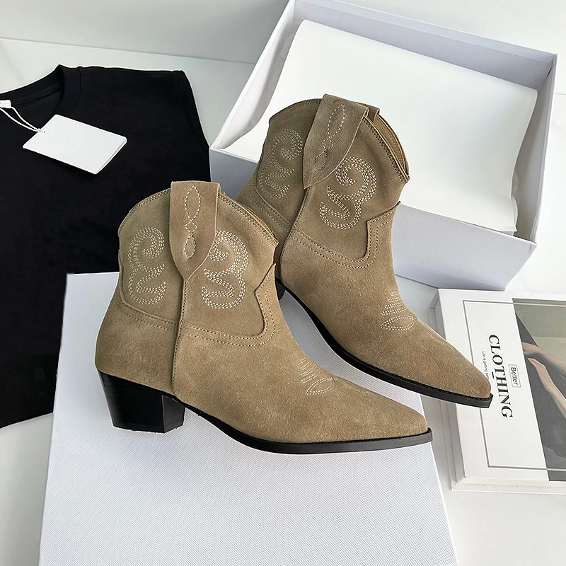 

Donna-in Khaki Western Boots for Women Vintage Design Handmade Top Quality Cow Suede Pointed Toe Block Heel Slip-on Ankle Boots