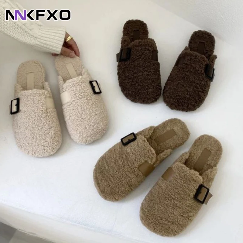 

Fur Shoes Low Womens Slippers Outdoor Platform Slides Flock Cover Toe Winter Footwear Fashion Pantofle Plush Flat Massage vc4376