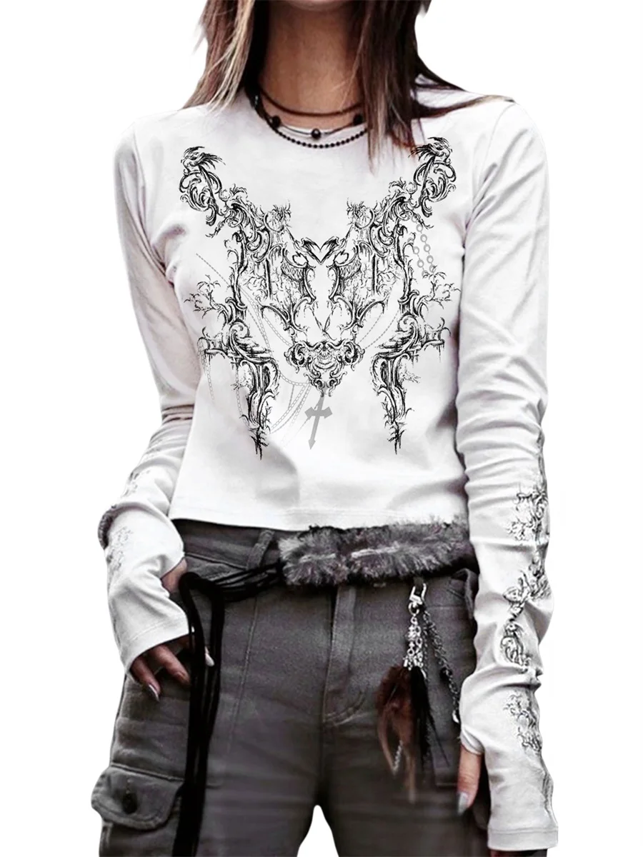 

Y2K топы с графическим рисунком и длинным рукавом, женская готическая футболка с круглым вырезом и винтажным рисунком