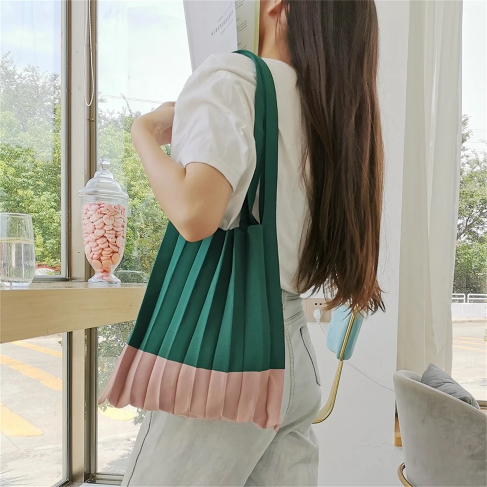 Bolso de compras de gran capacidad de estilo coreano para mujer, bolsa plisada de punto, elegante, con paneles a rayas, 2022