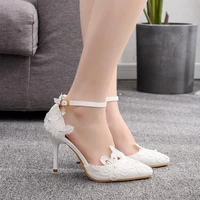 9cm high heels white lace flowers wedding shoes one shaped wristband fine heeled pointed toe sandals dance shoes