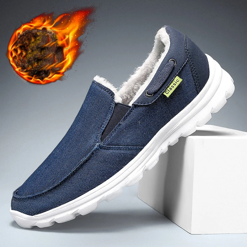 

Men's Plush Canvas Flat Shoes Classic Casual Sports Shoes Comfortable Denim Plus Cashmere Warm Winter Plus Size 2021 New
