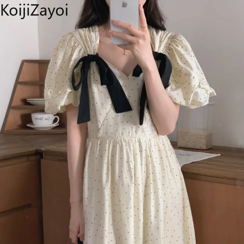 

Koijizayoi Sweet Polk Dot Women Summer Maxi Dress Bow Fashion Korean Loose Dresses Chic Puff Sleeves All Match Vestidos 2022