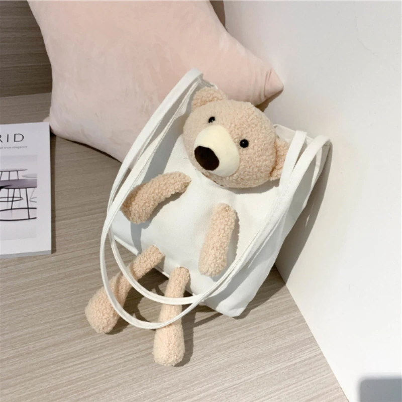 Women's Bag Fashion Bear Canvas Bag Women's Computer Portable Shoulder Bag Simple Casual Versatile Large Capacity Bucket Bag