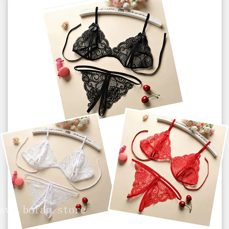 

3sets/lot Sexy Lace-up Lingerie Set Women Hot Exotic Open Crotch Transparent G-string Bandage Bikini Three-point Sexy Underwear