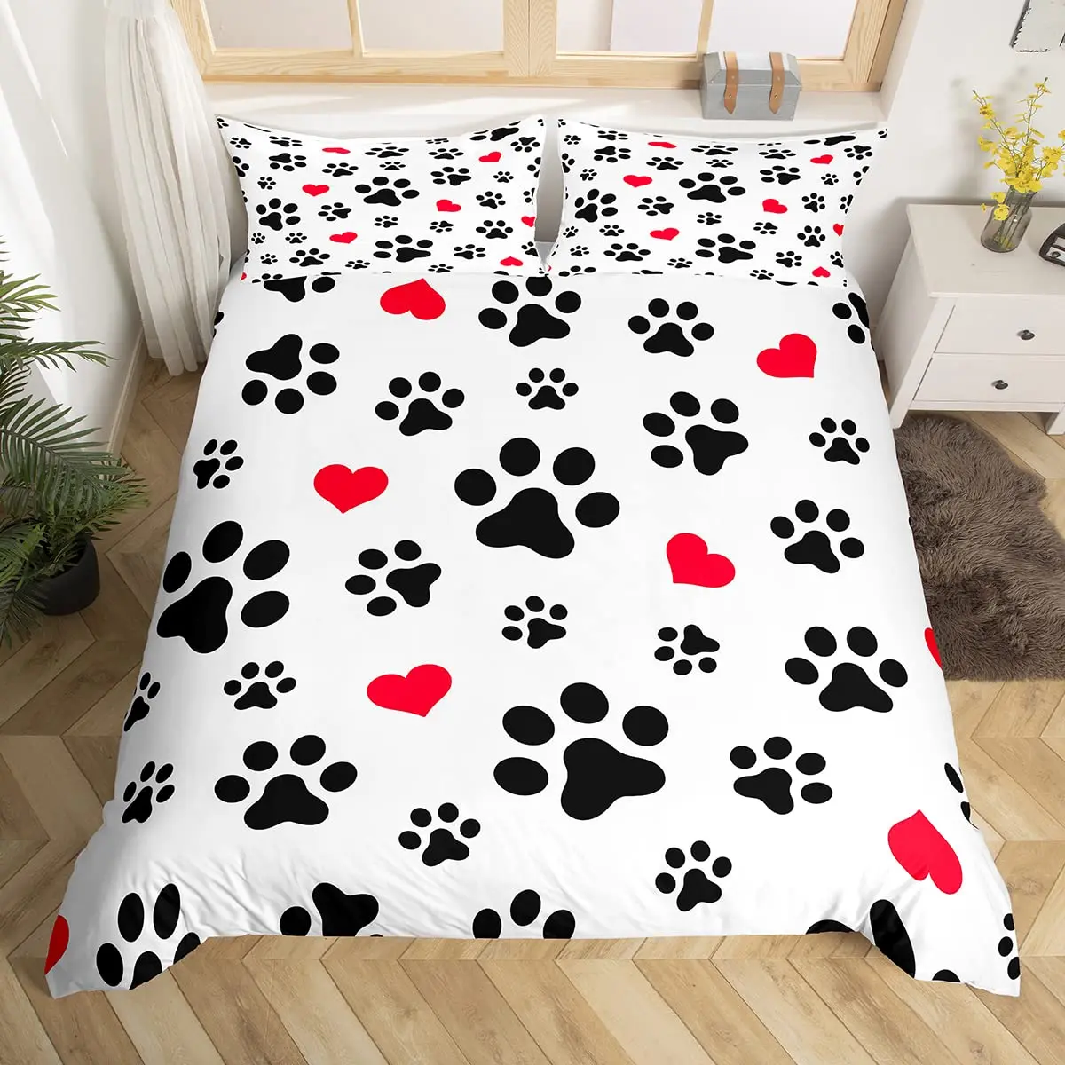 Cat Paw Red Heart Love Comforter Cover Microfiber Quilt Cover