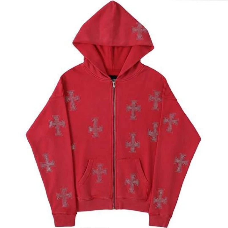 

Anime Aesthetic Grunge Streetwear Women's Cyber Y2k Sweatshirts Hoodies худи Rhinestone Autumn Cross Zip Up Oversized Hoodie