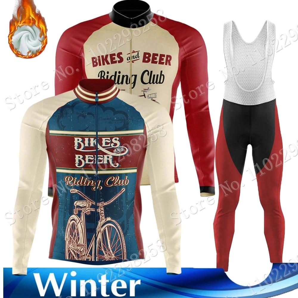 

Зимний пивной винтажный клубный комплект из Джерси 2023 для езды на велосипеде термальная флисовая ретро одежда с длинными рукавами Дорожные Брюки Комбинезон для горного велосипеда