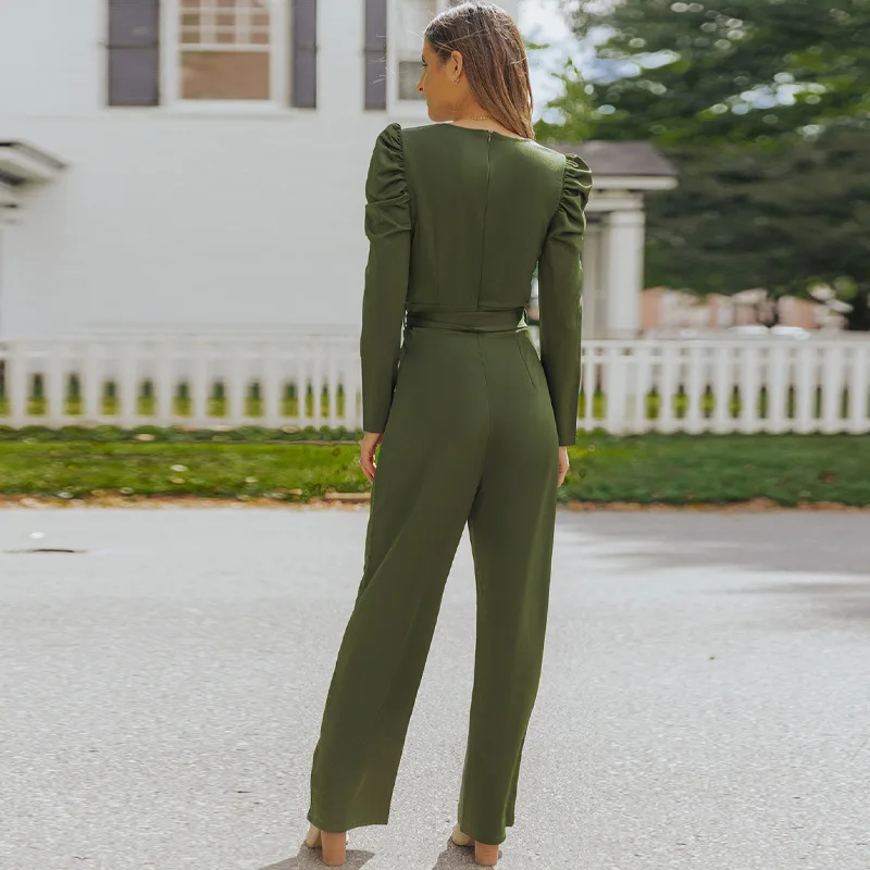 High Waist One-Piece Wide Leg Pants Women 2023 Spring New Waist Collection Slimming Long Sleeves Solid Color Straight Jumpsuit