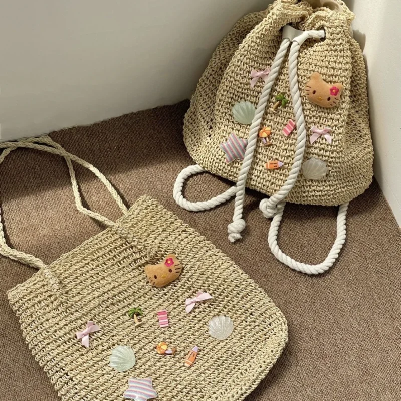 

Sanrio Hello Kitty Ladies Casual Woven Backpack Handmade DIY Large Capacity Simple Vacation Beach Bag Girl Rattan Shoulder Bag