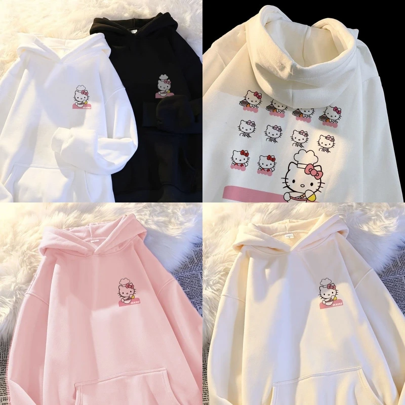 

Cartoon Kitty Girl Hooded Hoodie Autumn and Winter The New Children's Clothing Thicken Plus Velvet Loose Coat Kawaii Female
