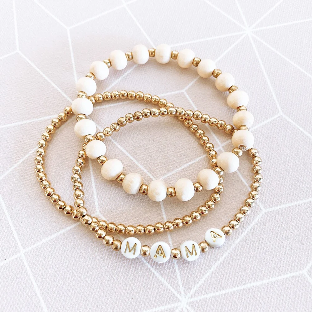 

3pcs/Set Mama Bracelet for Mom Beaded Wristband Set Wooden Bead Bungee Cord Bangle Jewelry Mother's Day Gift 2022 New Design
