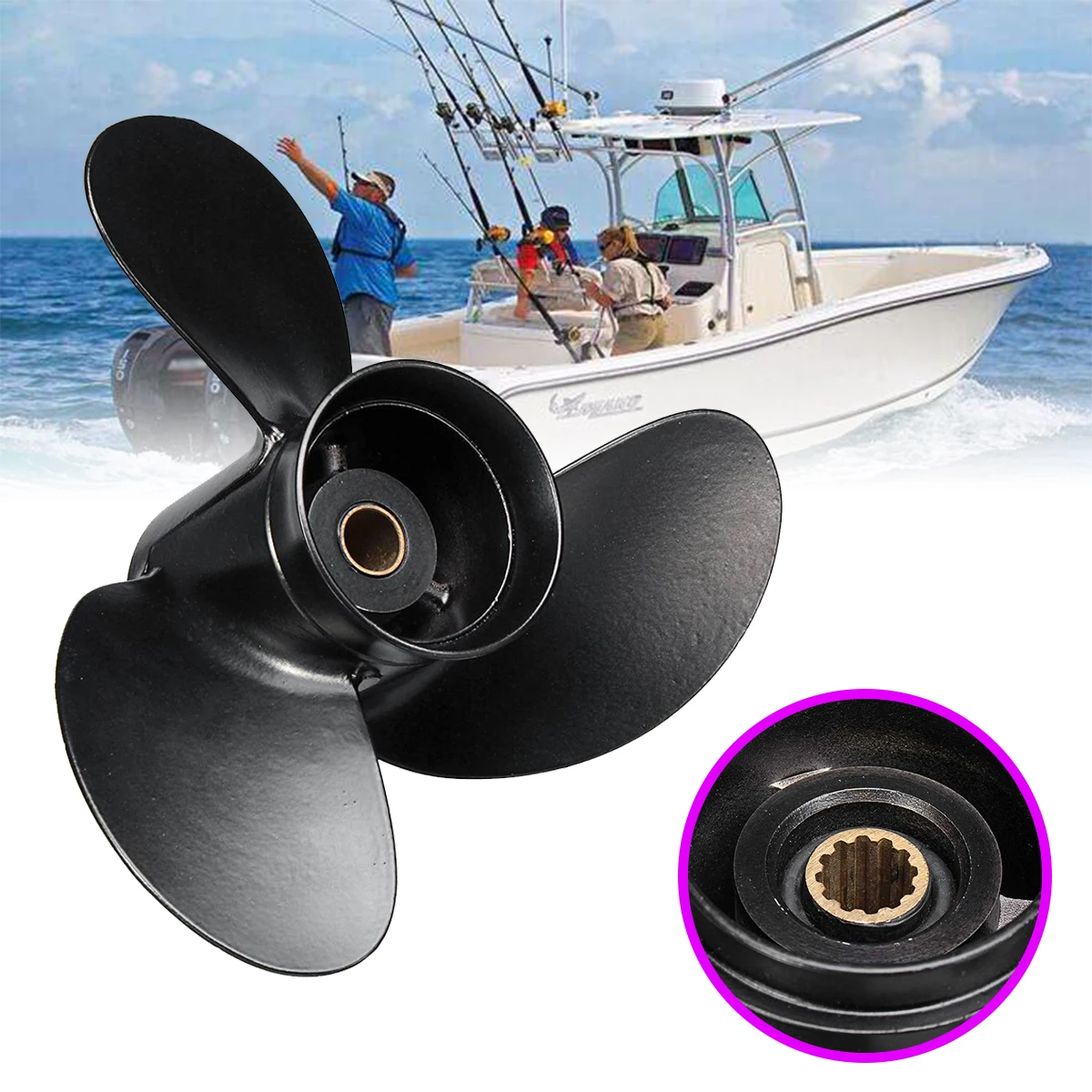 

8-9.8HP Aluminum Alloy 3 Blades 3B2W64517-1 8.5X9 Outboard Propeller Boat for Tohatsu Nissan-Mercury 12 Spline Tooths Black
