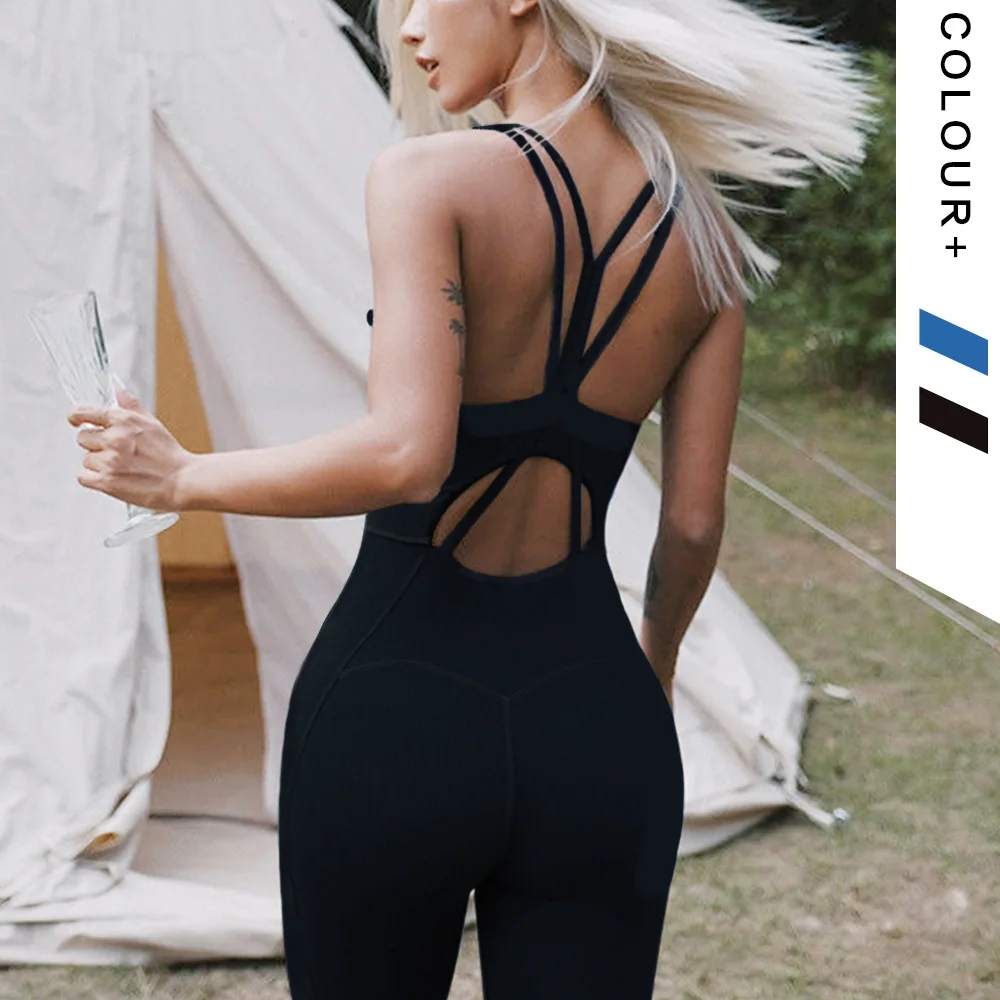 V-neck One-piece Yoga Sets Women Sleeveless Gym Clothing Sports Suit With Padded Back Strap Cross Dance Rompers Fitness Jumpsuit