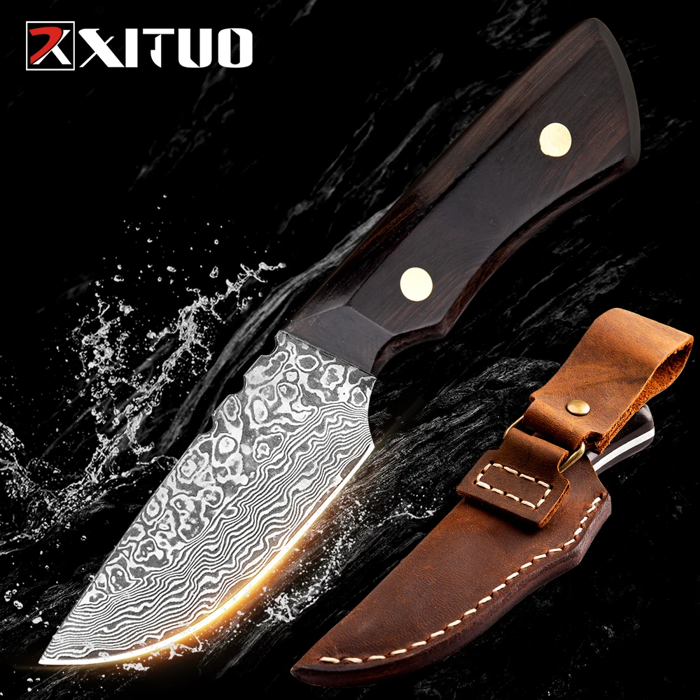 

XITUO Damascus Knife Full Tang Kitchen chef fruit Mini Outdoor Pocket Knife Parig Utility Black Ebony Handle Fixed Knives New