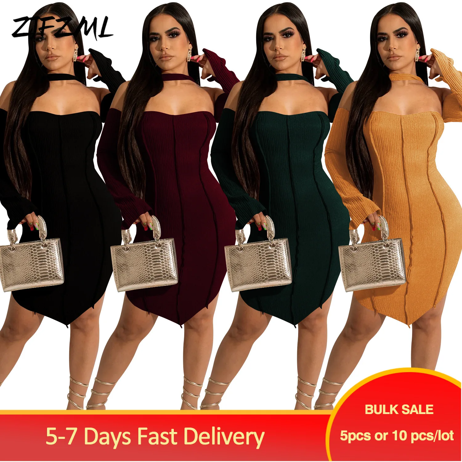 

Bulk Items Wholesale Lots Elegant Women's Bodycon Ribbed Mini Dresses for Party 2022 Office Lady Cold Shoulder Full Sleeve Jurk