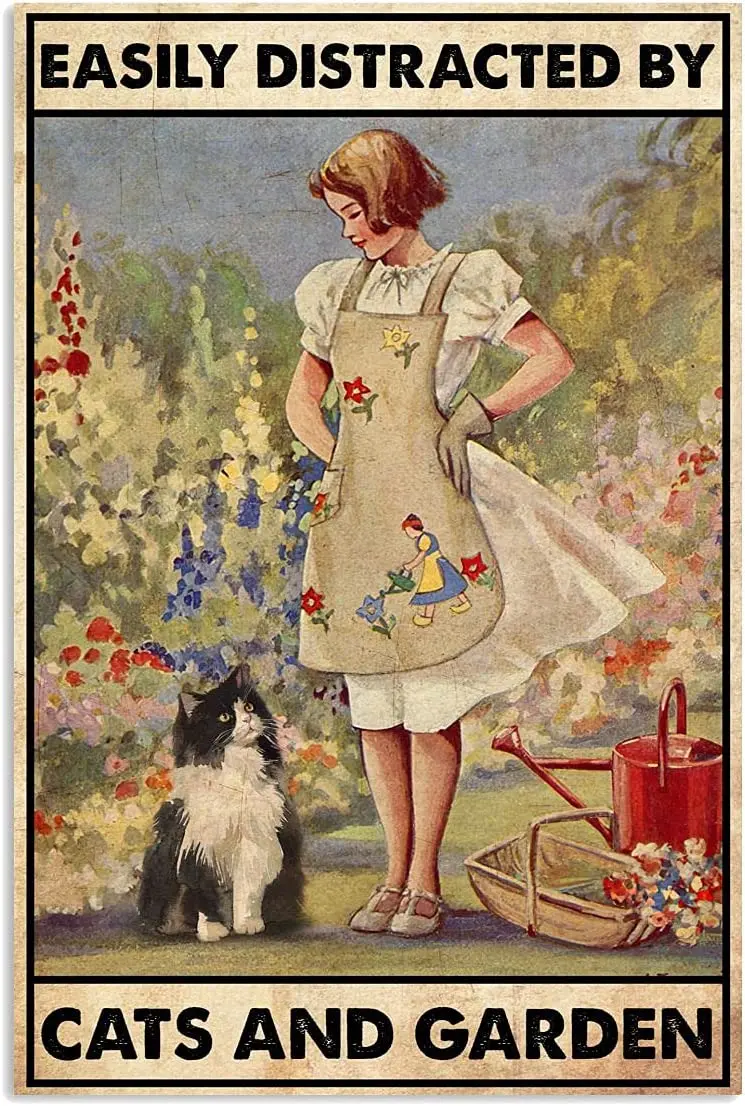 

Cat in The Garden Easily Distracted by Cats and Garden Metal Tin Sign Vintage Aluminum Sign for Home Coffee Wall Decor tin sign