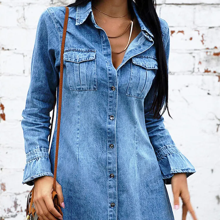 Купи Dresses For Women 2023 Denim Spring And Autumn New Sexy Slim Denim Dress Fashion Flared Sleeve Denim Sexy Female Skirt платья за 1,286 рублей в магазине AliExpress