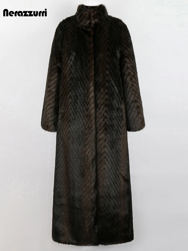 Nerazzurri Winter Extra Long Thick Warm Luxury Elegant Striped Fluffy Faux Mink Fur Coat Women Stand Collar Maxi Overcoat 2022