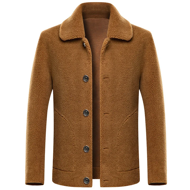 Мужская теплая куртка из натуральной овечьей кожи с отворотом натурального меха