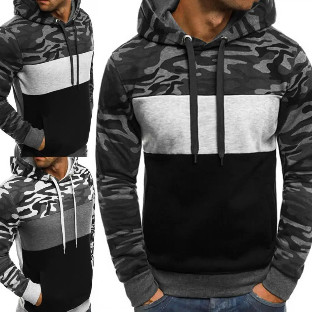 

Men Hoodie Camouflage Hooded Drawstring Hoodie Patchwork Elastic Cuff Spring Sweatshirt Casual Long Sleeve Male Hoodie