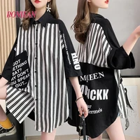 striped womens buttoned shirt fashion blouses letter tops for woman casual vintage trends korean loose particular top new 2022