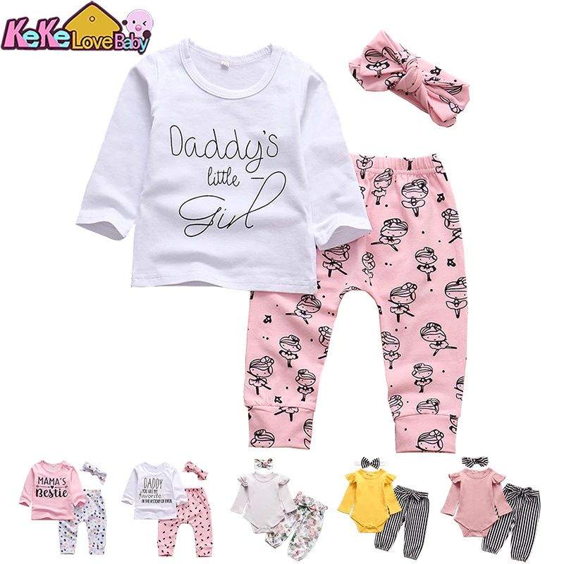 Newborn Infant Baby Girl Clothes Set Outfits Letter Daddys Little Girl Tops Pink Pants Headband Fashion New Born Clothing