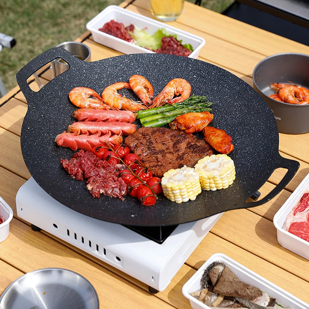 

Korean Round Grill Pan Outdoor Camping Frying Pan Flat Pancake Non-stick Cast Iron Grill Plate Cooker Barbecue Tray BBQ Supplies