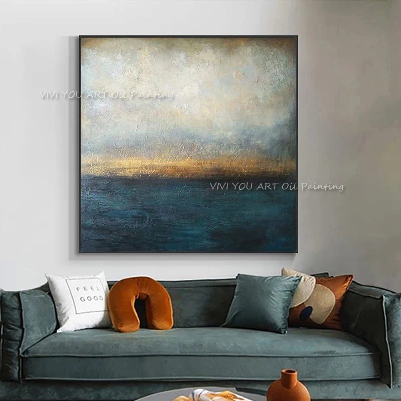 100% ручная работа Абстрактная живопись большого размера современное синее