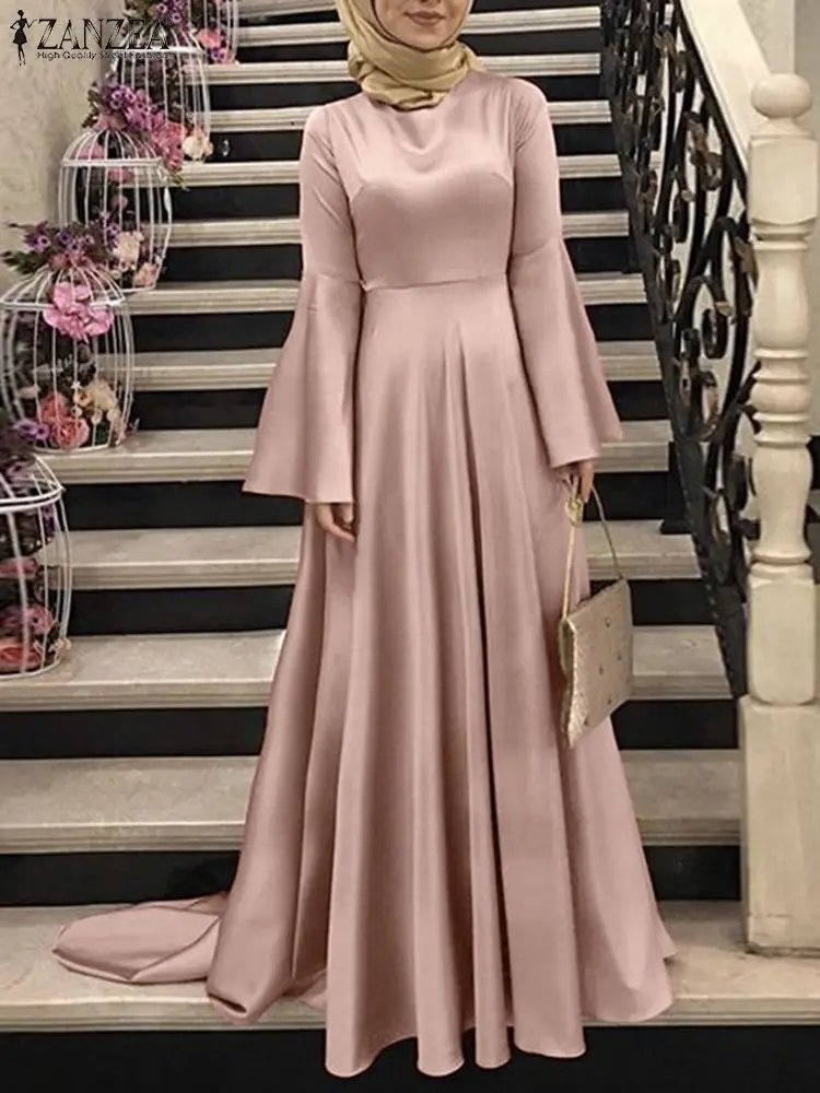 

2022 ZANZEA Women Spring Muslim Dress Stylish Casual Dubai Abaya Robe Femme Flare Sleeve O-Neck Solid Abaya Kaftan Sundress