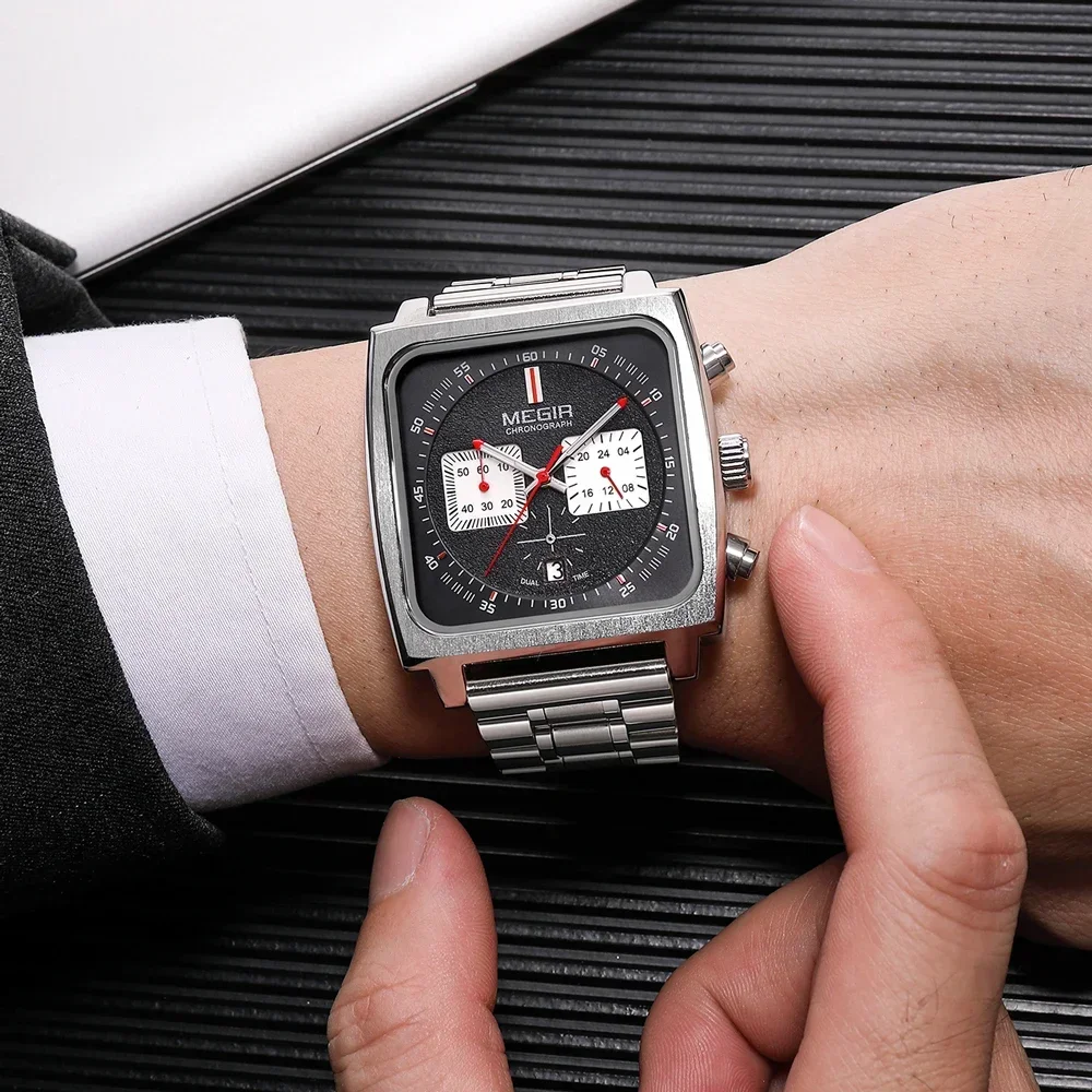 MEGIR мужские кварцевые часы из нержавеющей стали деловые наручные с хронографом и