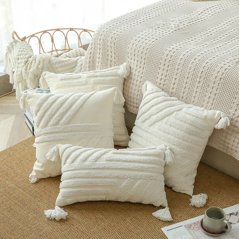 

Nordic White Tufted Tassel Cushion Cover Geometric Line Diamond Tufted Pillowcase Home Car Decorative Pillow Covers for Sofa