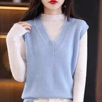 100 pure wool knitted sweater womens vest v neck spring and autumn pullover loose short fashion sleeveless waistcoat