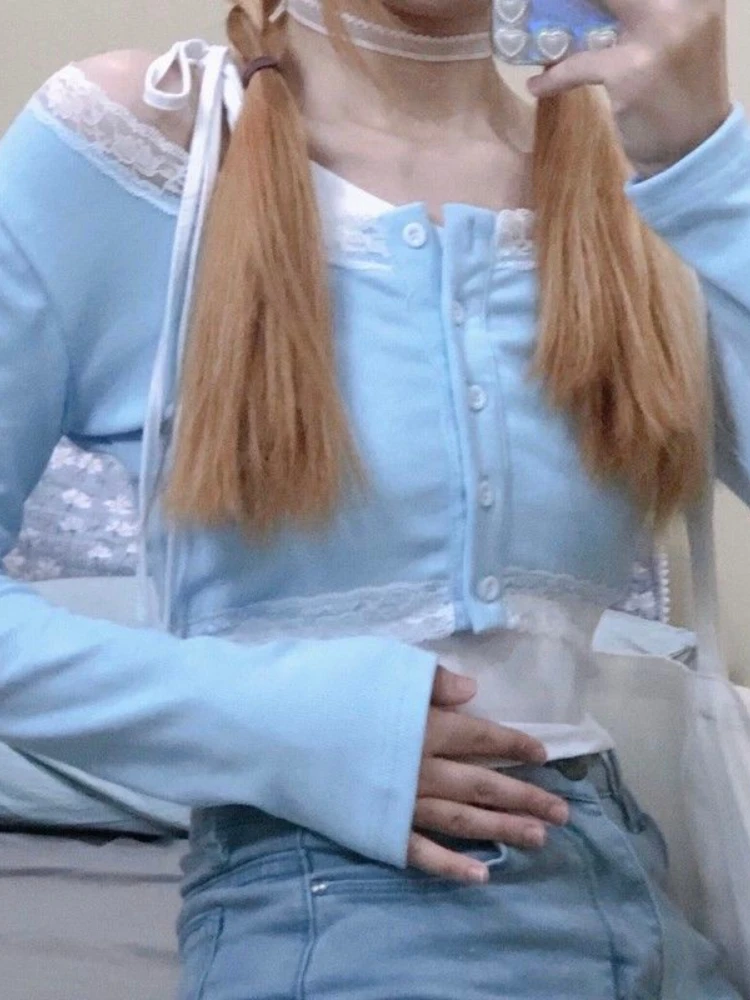 Кружевные голубые милые топы женские дизайнерские пикантные облегающие рубашки