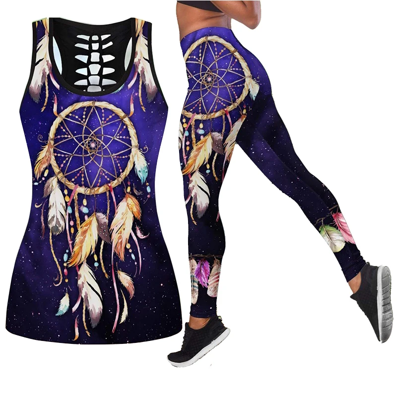

Native Dreamcatcher 3D Printed Hollow Tank Top & Leggings Set Fitness Female Full Length Leggings Yoga Pants