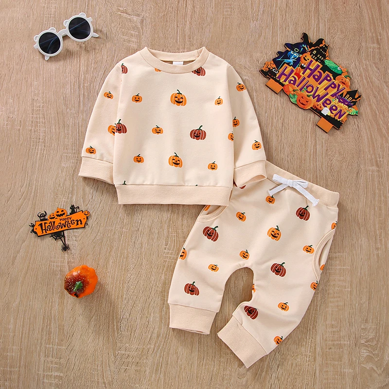 

Toddler Baby Halloween Clothes Set Cartoon Pumpkin Print Round Neck Long Sleeve Tops with Long Pants Fall Autumn Costume