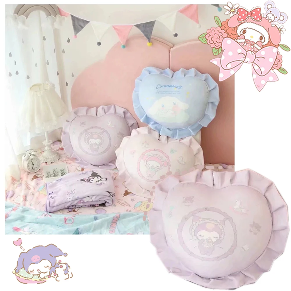 

Sanrioed My Melody Cinnamoroll Kuromi Plush Kawaii Pillows Anime Ruffled Love Cushion Backrest Air Conditioner Nap Blanket 45CM