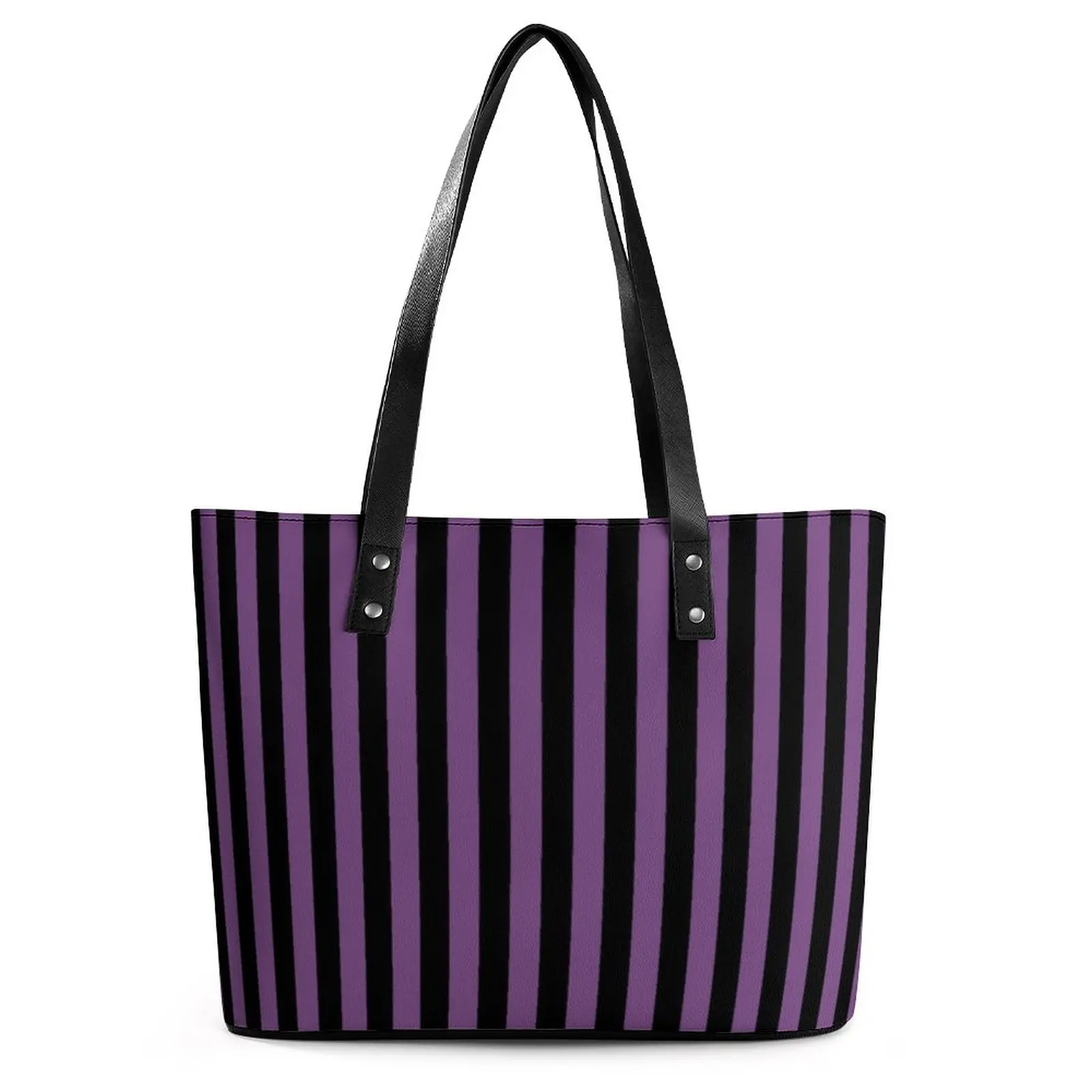 

Black Purple Line Handbags Vertical Stripe Print Kawaii Shoulder Bag Travel PU Leather Tote Bag Handle Designer Shopping Bags