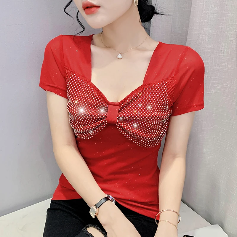 

Summer 2022 New Short Sleeved Women's T-Shirt Fashion Casual Hot Drilling Mesh Top Female Plus Size Solid Color Blusas