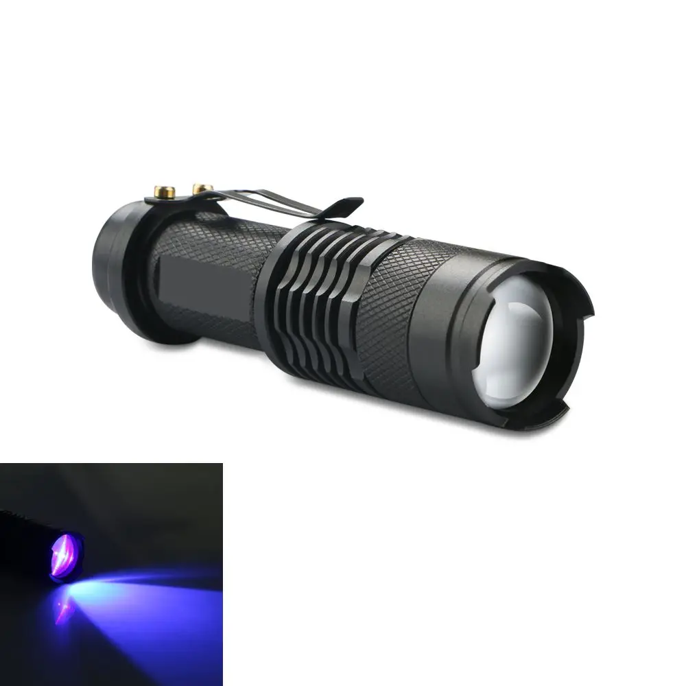 

Mini Portable Zoomable LED UV Flashlight Torch 395nm Purple Ultra Violet Light Blacklight UV Torch Lamp Lantern AA/14500 Battery