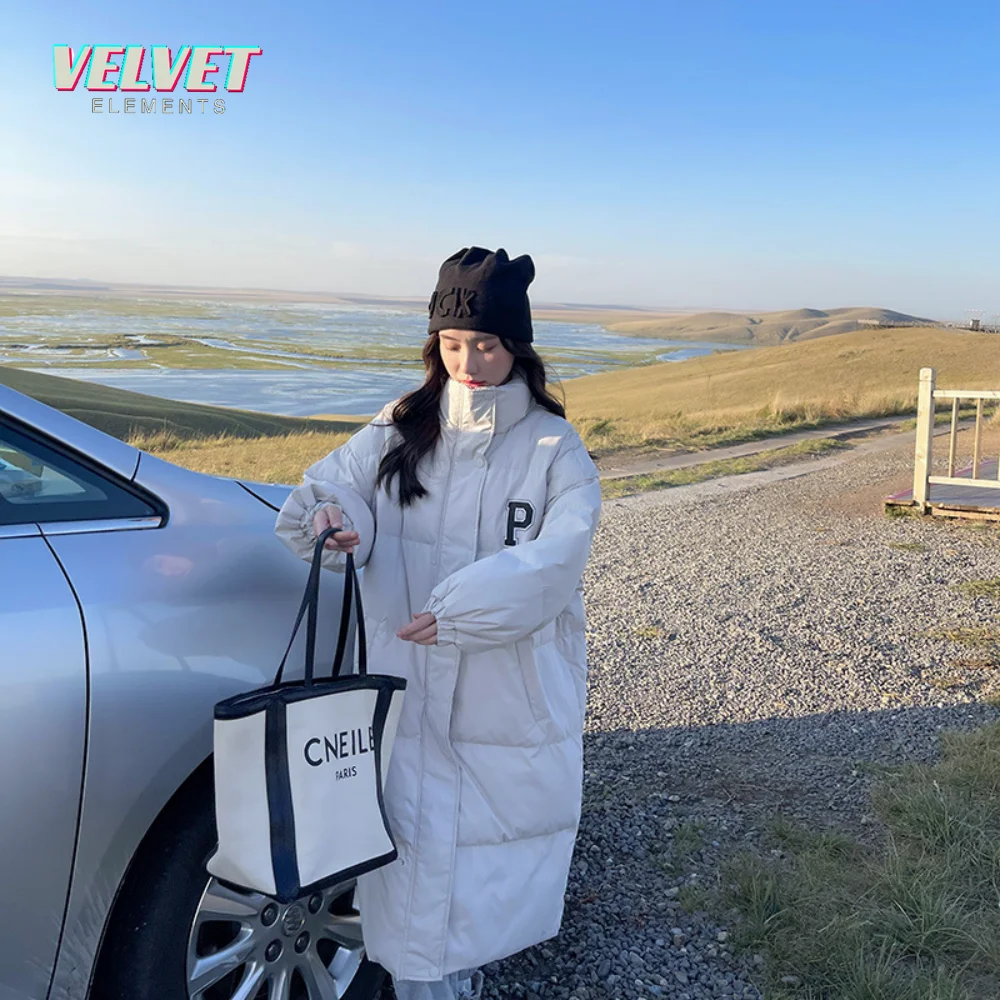 VE Down Cotton Coat Women's 2023 Winter New Loose Warm Overcoat Female Stand Collar Jacket X-Long Fashion 3XL Down Outwear