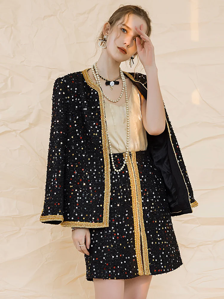 YIGELILA Fashion Women Sequins Tweeds Coats Elegant Neckless Full Sleeve Polka Dot Coats Patchwork Jackets 91360